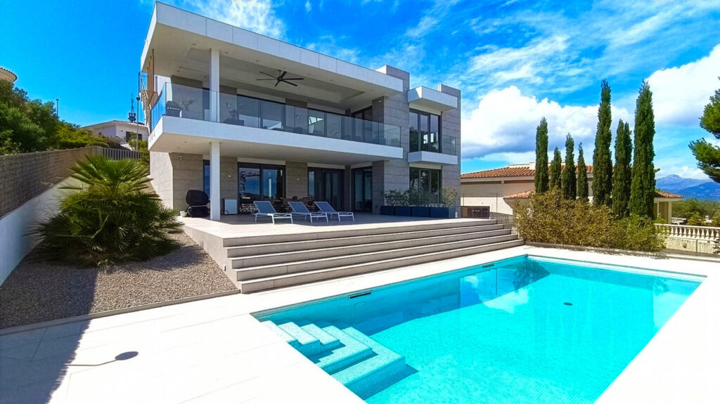 Moderne Villa mit Pool und Terrasse in Santa Ponsa, Mallorca, umgeben von Bäumen und einem klaren Himmel.