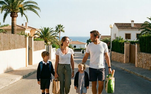 Rodzina z dwójką dzieci i osobą dorosłą spacerująca po Santa Ponsa i niosąca torby z zakupami.
